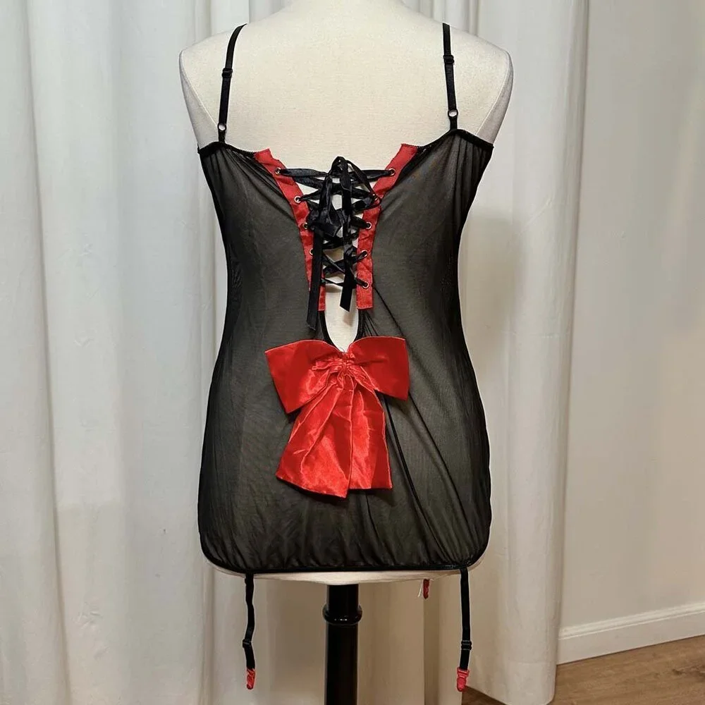 Black Mesh & Red Satin Bustier, 6XL
